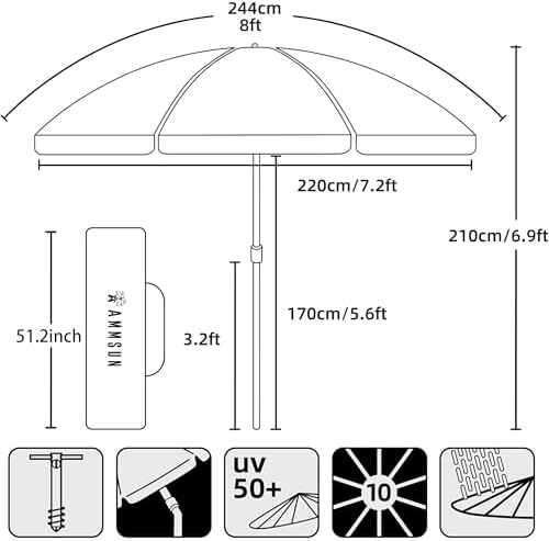 8-Foot UV Protection Beach Umbrella with Sand Anchor