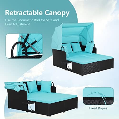 COSTWAY Wicker Patio Daybed Set with Retractable Canopy