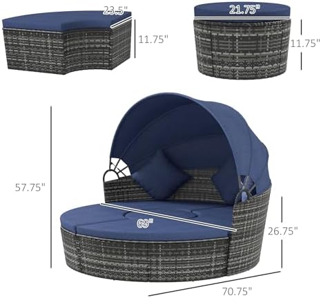 Outsunny 4-Piece Round Convertible Daybed Set with Cushions and Canopy - Dark Blue