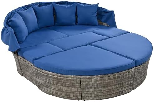Merax Outdoor Round Daybed with Retractable Canopy and Coffee Table Set