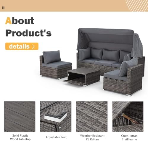 HOMREST 6 Piece Outdoor Daybed Set with Canopy and Adjustable Backrest