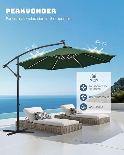 10 Ft Offset Patio Umbrella with Solar Lights and Stand