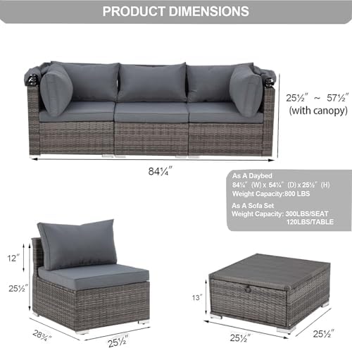 HOMREST 6 Piece Outdoor Daybed Set with Canopy and Adjustable Backrest