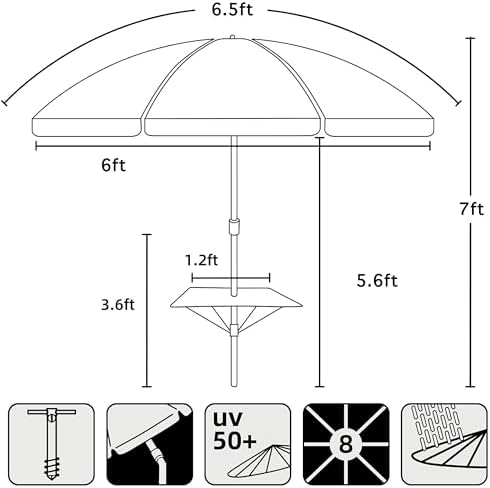 AMMSUN Premium Beach Umbrella with Sand Anchor Table Tray