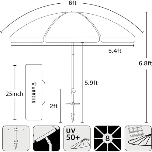 AMMSUN 6ft Portable Beach Umbrella