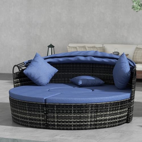Outsunny 4-Piece Round Convertible Daybed Set with Cushions and Canopy - Dark Blue