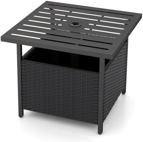 Sturdy Outdoor Side Table with Umbrella Holder PE Rattan Black Metal