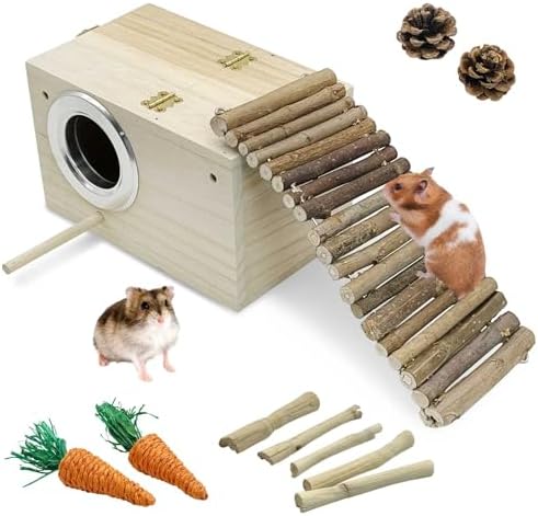 Hamiledyi Small Animal Wooden Hideout with Chew Toys
