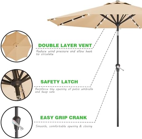 ARESHARK 9FT Solar patio umbrella with 32 LED lights - Durable Energy-efficient