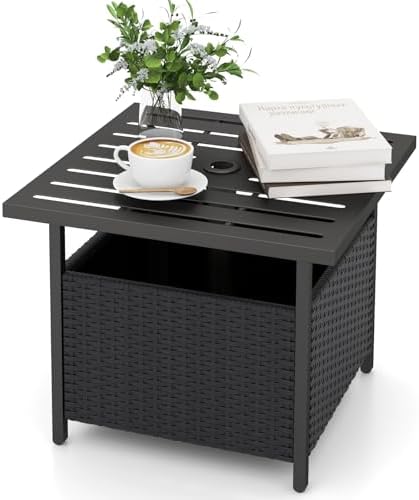 Sturdy Outdoor Side Table with Umbrella Holder PE Rattan Black Metal