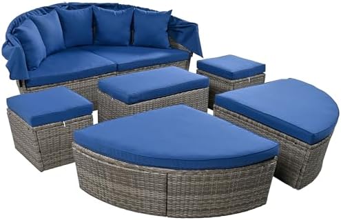 Merax Outdoor Round Daybed with Retractable Canopy and Coffee Table Set