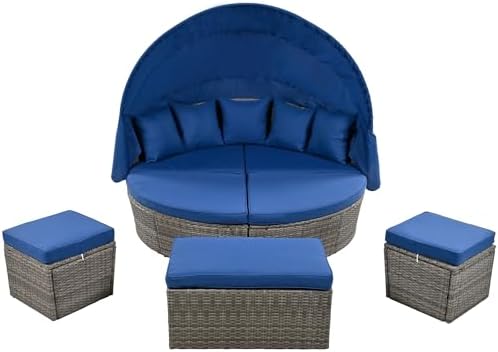 Merax Outdoor Round Daybed with Retractable Canopy and Coffee Table Set