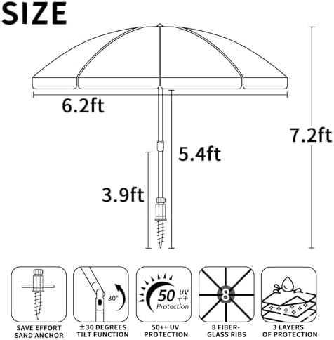 7ft Heavy Duty UV 50 Beach Umbrella with Sand Anchor Tilt Design