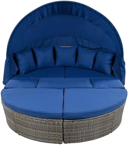Merax Outdoor Round Daybed with Retractable Canopy and Coffee Table Set