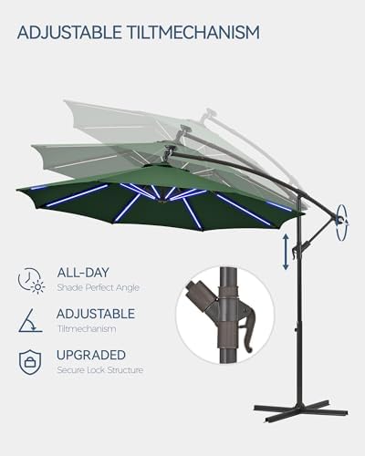 10 Ft Offset Patio Umbrella with Solar Lights and Stand