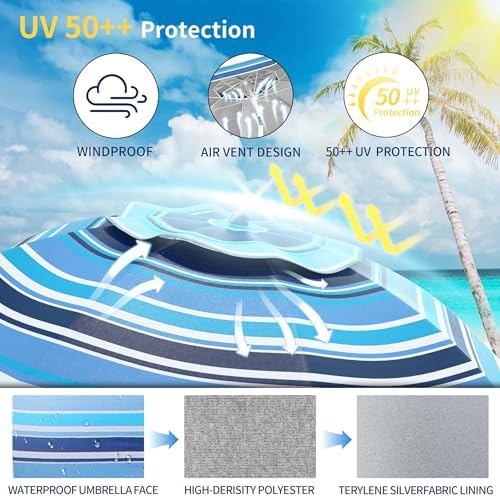 7ft Heavy Duty UV 50 Beach Umbrella with Sand Anchor Tilt Design