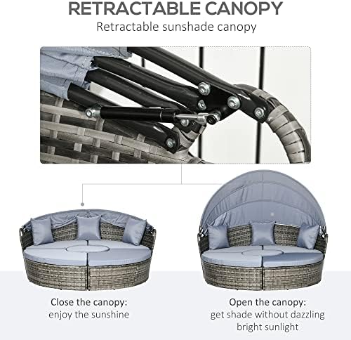 Adjustable Rattan Daybed Set Convertible Lawn Sofa with Retractable Canopy