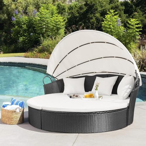 Homall patio daybed with retractable canopy - Beige Wicker Rattan