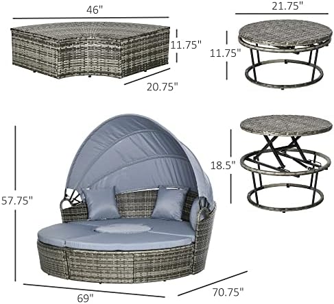 Adjustable Rattan Daybed Set Convertible Lawn Sofa with Retractable Canopy