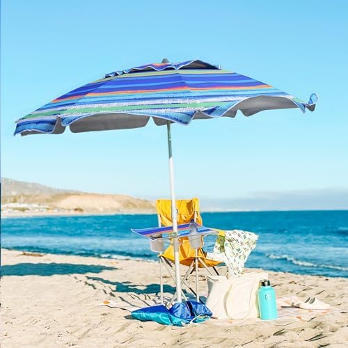 AMMSUN Premium Beach Umbrella with Sand Anchor Table Tray