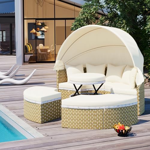 Rattan Daybed Set with Retractable Canopy