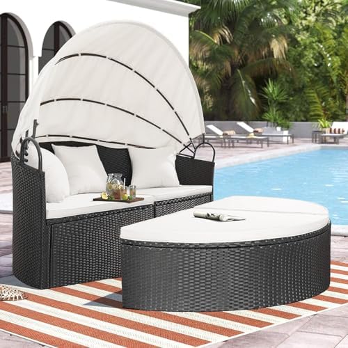 Homall patio daybed with retractable canopy - Beige Wicker Rattan