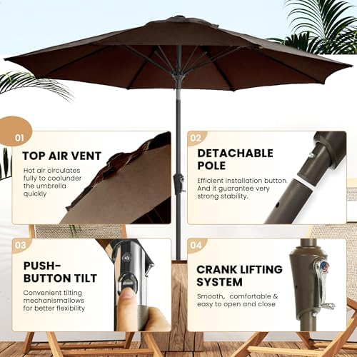 Sturdy 9FT patio umbrella with push-button tilt easy setup