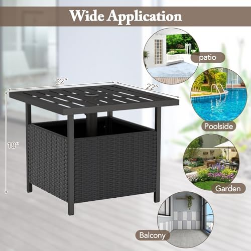 Sturdy Outdoor Side Table with Umbrella Holder PE Rattan Black Metal