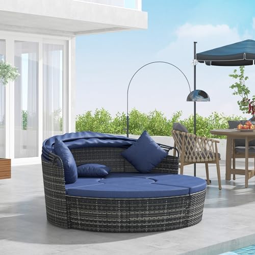 Outsunny 4-Piece Round Convertible Daybed Set with Cushions and Canopy - Dark Blue