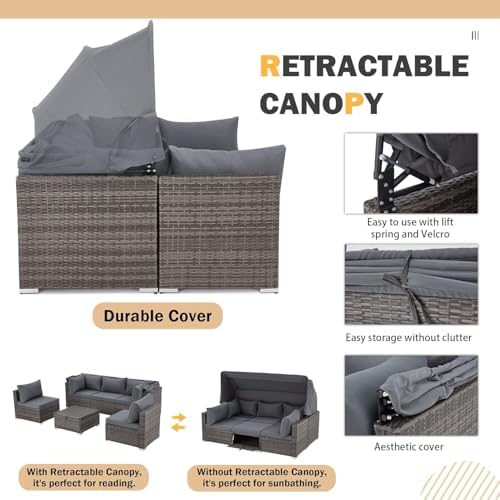 HOMREST 6 Piece Outdoor Daybed Set with Canopy and Adjustable Backrest