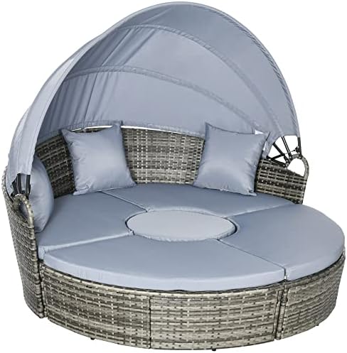 Adjustable Rattan Daybed Set Convertible Lawn Sofa with Retractable Canopy