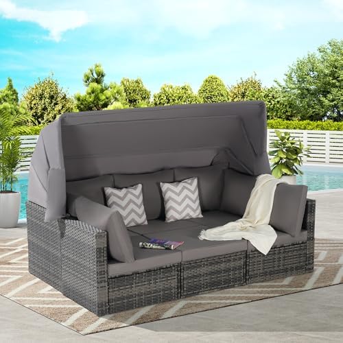 5-Piece Wicker Daybed with Retractable Canopy Dark Grey Relaxing Durable