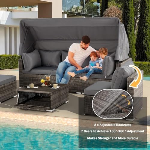 HOMREST 6 Piece Outdoor Daybed Set with Canopy and Adjustable Backrest