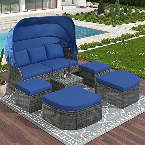 Patio Daybed with Lift-top Table and Retractable Canopy Set