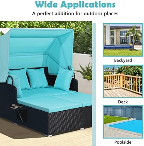 COSTWAY Wicker Patio Daybed Set with Retractable Canopy