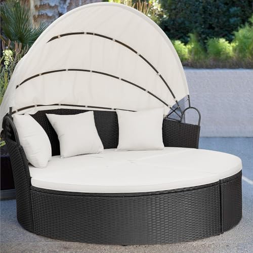 Homall patio daybed with retractable canopy - Beige Wicker Rattan