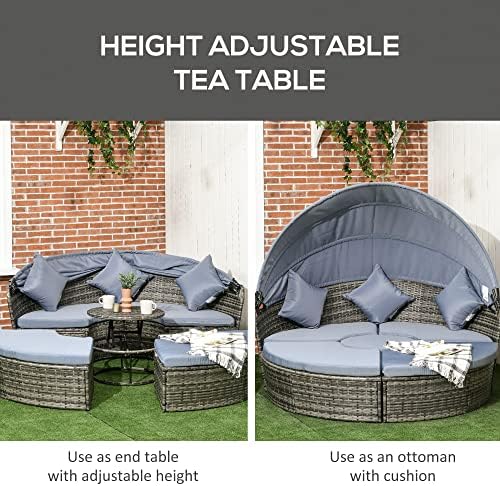 Adjustable Rattan Daybed Set Convertible Lawn Sofa with Retractable Canopy