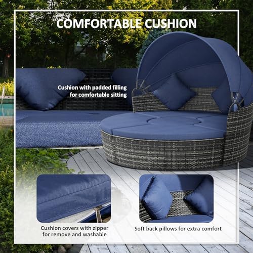 Outsunny 4-Piece Round Convertible Daybed Set with Cushions and Canopy - Dark Blue