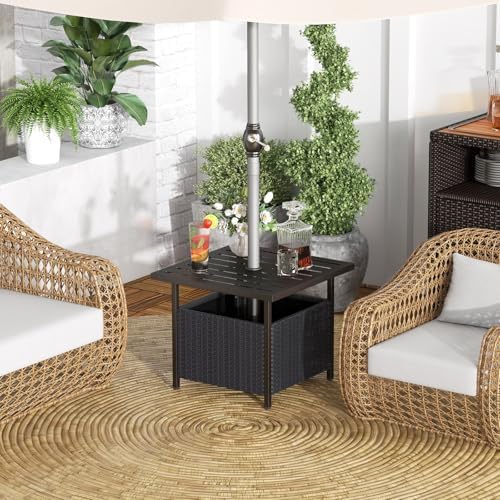 Sturdy Outdoor Side Table with Umbrella Holder PE Rattan Black Metal