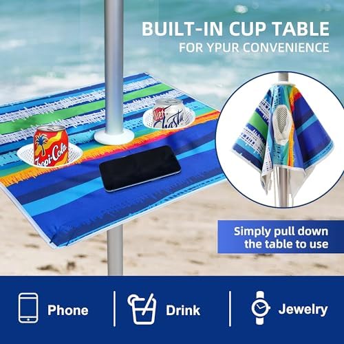 AMMSUN Premium Beach Umbrella with Sand Anchor Table Tray