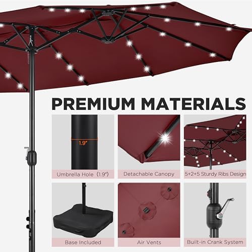 Large Patio Umbrella with Solar Lights Burgundy