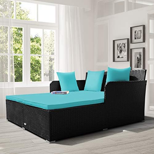 Tangkula Outdoor Rattan Daybed Turquoise