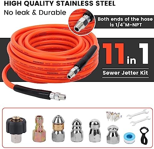 70FT Sewer Jetter Kit with 4 Nozzles and Accessories