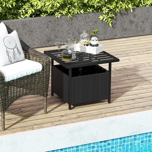 Sturdy Outdoor Side Table with Umbrella Holder PE Rattan Black Metal