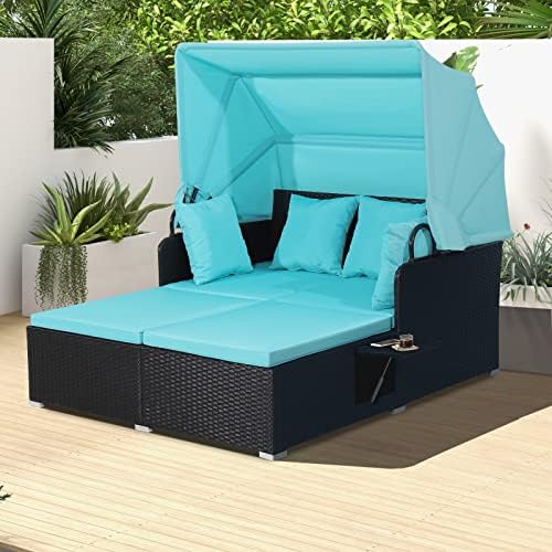 COSTWAY Wicker Patio Daybed Set with Retractable Canopy