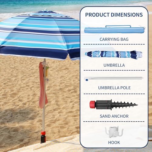 7ft Heavy Duty UV 50 Beach Umbrella with Sand Anchor Tilt Design