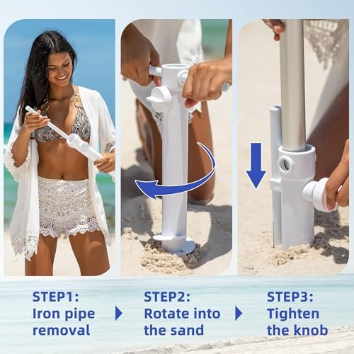 AMMSUN Premium Beach Umbrella with Sand Anchor Table Tray
