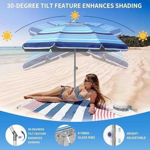 7ft Heavy Duty UV 50 Beach Umbrella with Sand Anchor Tilt Design