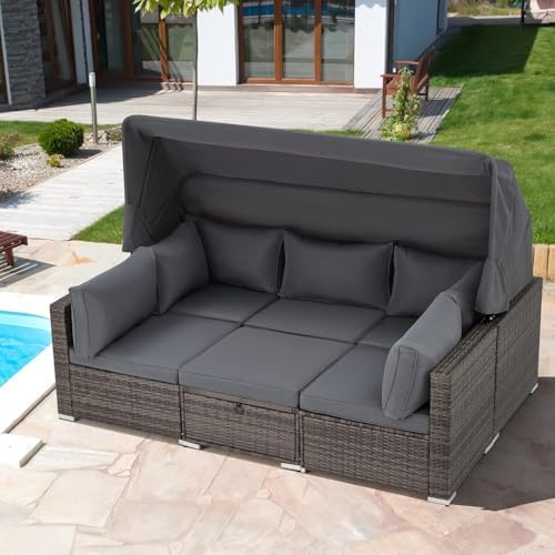 HOMREST 6 Piece Outdoor Daybed Set with Canopy and Adjustable Backrest