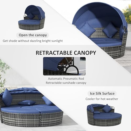 Outsunny 4-Piece Round Convertible Daybed Set with Cushions and Canopy - Dark Blue
